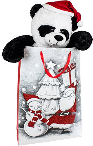 BRUBAKER XXL Panda mit Nikolausmütze - 100 cm groß in Einer Geschenktüte mit Weihnachtsmotiven