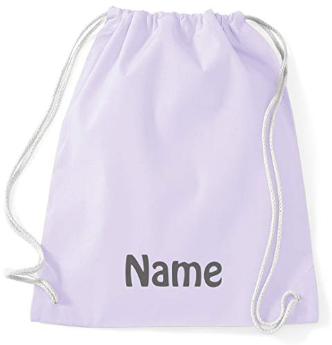 Turnbeutel mit Namen Bestickt aus 100% Baumwolle, Sportbeutel, Schwimmbeutel, Gym Sack, Gym Bag, (Flieder)