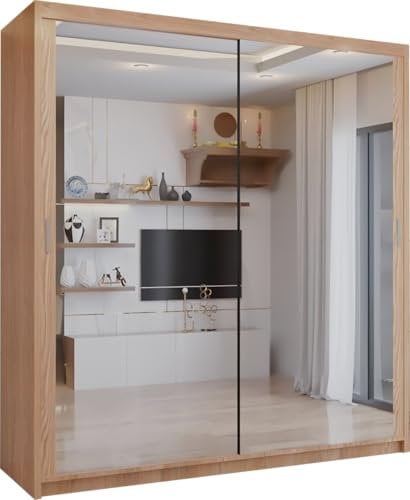 SLIDING WARDROBE 4U Double Mirror Sliding Door Wardrobe with LED LIGHT 90/120/150/180/203 (Oak, 120cm)