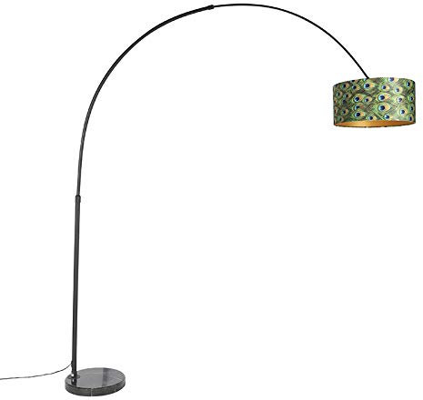 Qazqa - Modern Botanische Bogenlampe mit schwarzem Samt-Schirm Pfauen-Design 50 cm - XXL I Wohnzimmer I Schlafzimmer - Stahl Länglich I Zylinder I Rund - LED geeignet E27