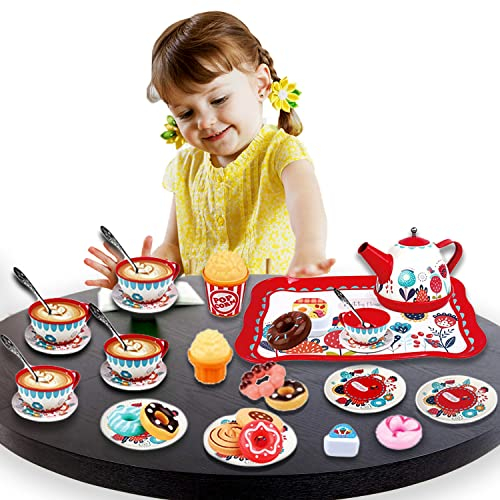 koolbitz Tin Tea Party Set Including Metal Teapot, Saucers, Cups, Tray and Plates with Variety of Pretend Food Play Washable Dishes Safe Material Learning Toy for Children