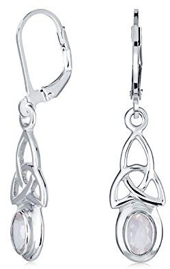 Orecchini pendenti con nodo d'amore irlandese, castone ovale, pietra semipreziosa quarzo rosa, nodo celtico per donne e adolescenti in argento sterling .925 con chiusura a leva.