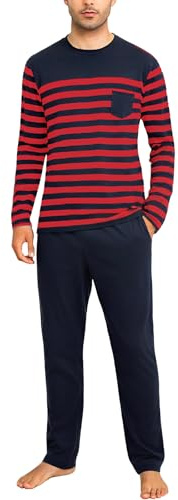 Irdcomps Schlafanzug Herren Lang Pyjama Baumwolle Nachtwäsche Gestreift | Rundhals Brusttasche Langarmshirt Schlafhose Elastischer Bund Kordelzug klassischer Zweiteiler Schlaf Freizeit Entspannung