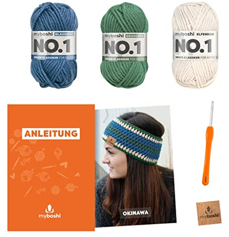 myboshi Häkelset Stirnband Okinawa, inkl. No.1 Wolle, Nadel und Anleitung, für Mützen und Strinbänder, Häkelpaket, 30% Merinowolle Blau, Grün mit Rundstricknadel