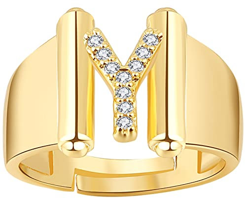 JewelryWe Schmuck Damen-Ring Buchstabe Ring Verstellbare Initiale Alphabet Y Band Ringe mit Zirkonia Gravur Geschenk für Frauen Mädchen Gold