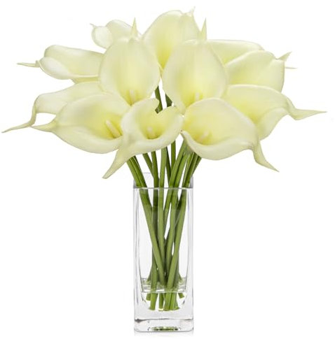 Hollyone 12 pcs Artificial Calla Lilies with Glass Vase Realistic Fake Flowers, Real Touch Cream White Faux Flowers in Vase for Home, Living Room, Wedding, Centerpiece, Office, Party Decorations