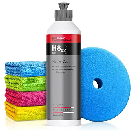 Autopolitur Set: Koch Chemie Heavy Cut H8.02 Schleifpolitur (250ml) - Zur Aufereitung stark verwitterter Lacke - Für alle Lacke - Exzenter & Rotation - Auto polieren, Politur, Schleifpaste | 6-teilig