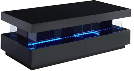 Vente-unique-Couchtisch mit 2 Schubladen + 2 Ablagen + LEDs - MDF lackiert - Schwarz - Fabio