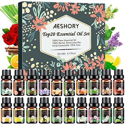 AESHORY Set Huiles Essentielles 20 x 5ml, 100% Pures & Naturelle Huiles Essentielles Aromathérapie pour Diffuseurs, SPA, Massage, Bain, Idéal Coffret Cadeau - Lavande, Tea Tree, Citronnelle, Romarin