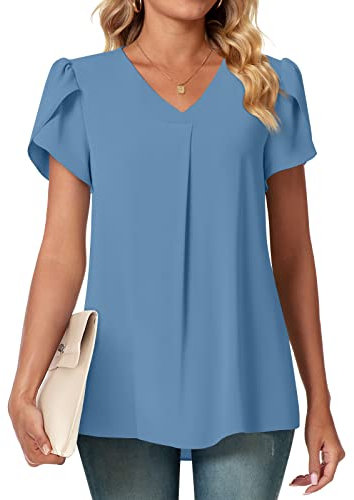 Bestbee Ladies Summer Tops, V Neck Petal Short Sleeve Shirts Dressy Chiffon Tunic Tops Casual T-Shirts Cute Blouses for Women, Blue, M