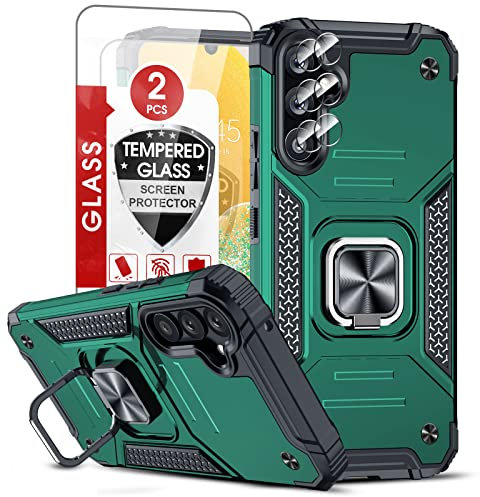 LeYi for Samsung Galaxy A34 5G Phone Case and 2 Tempered Glass Screen Protector + 2 Camera Lens Protector, Ring Holder Shockproof Military Grade Protective Mobile Phone Cover for Samsung A34 5G Green