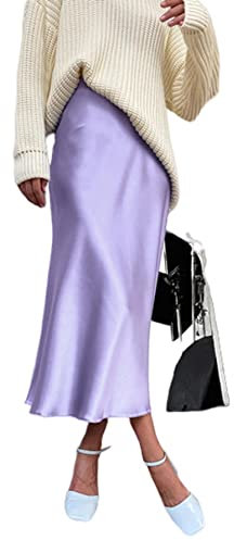 JACTZ Gonna Donna in Seta Raso Estate Elegante Lunga Vita Alta A-Line Bella Gril Midi - Viola, M