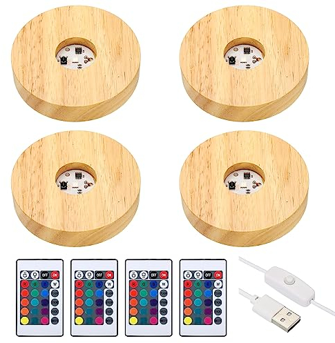 Patikil 4 Pcs Wooden Stand Base 3.9, 16 Color LED Lights Display Base 1.5Meter Line Length with Remote Control for Acrylic Night Light 3D Crystal Glass Resin Art, Round