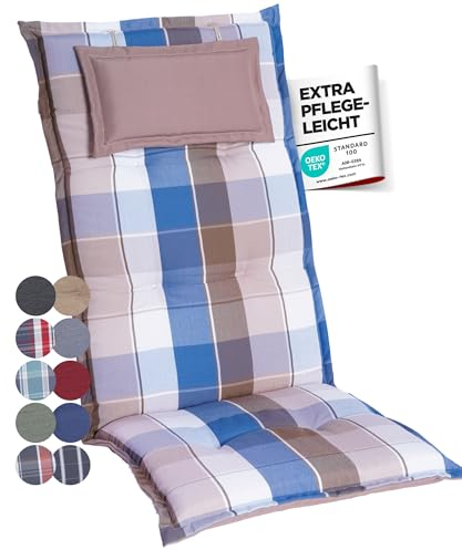 gardisun Gartenstuhlauflagen Hochlehner mit Kopfteil I Extra Dicke Sitzauflagen I Made in Europe I Polsterauflagen für Hochlehner I Auflagen mit extra hohem Komfort I 4er Set I Blau-Braun-Kariert