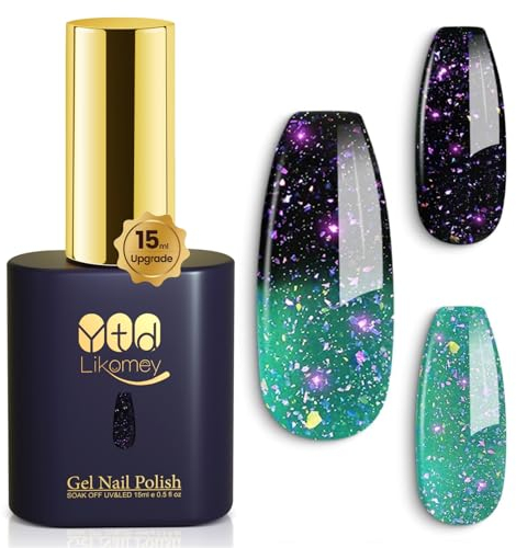 YTD Likomey UV Nagellack Farbwechsel Thermo Farbgel,15ml Grün Dunkelgrün Mehrfarbige Pailletten Gel Chamäleon Shellac Nagelgel UV/LED Color Change Gellack Gel Nail Polish,WB349