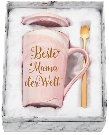 Diztoud Muttertagsgeschenke für Mama, Mutter Geschenk Muttertag, Beste Mama der Welt Tasse, Geschenk für Mutter, Geburtstagsgeschenk, 400ML Rosa Keramik Marmorbecher mit Deckel Löffel und Geschenkbox