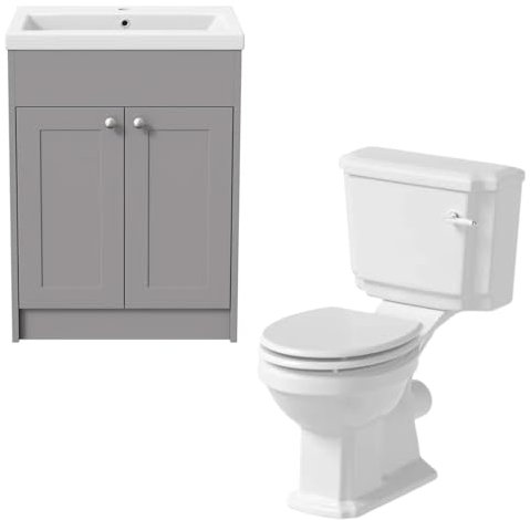 Park Lane® Cloakroom Bathroom Suite Close Coupled Single Flush Toilet WC Cistern Basin Vanity Unit Grey Freestanding Traditional White Gloss