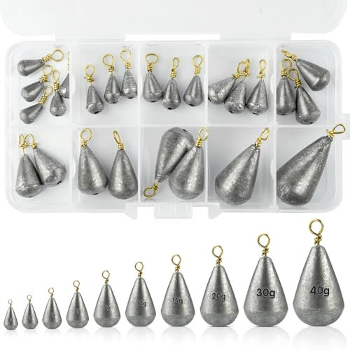 Peaken 25pcs Fishing Weights,10 Size Fishing Weights Mixed 2g 3g 4g 5g 7g 10g 15g 20g 30g 40g,Small Fishing Weights Sinkers for River, Saltwater, Freshwater, Mackerel (B)