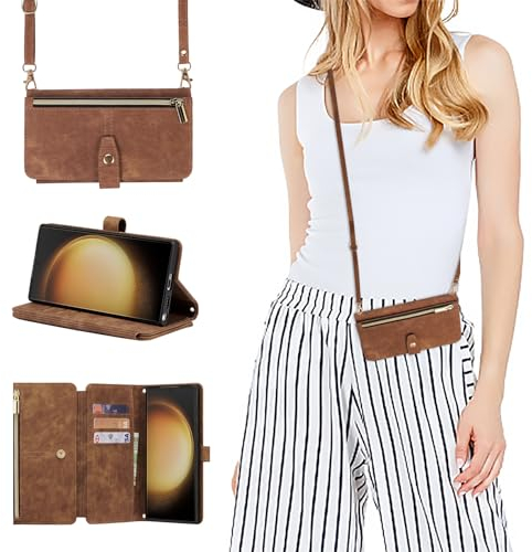 ZCDAYE Étui pour Samsung Galaxy S24 Ultra avec Bande, étui en Cuir pour téléphone Pratique chaîne de téléphone Portable Porte-Cartes Portefeuille Étui pour Samsung S24 Ultra, Brun