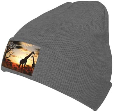 UPGENT Afrika Giraffe Majestic Tree bedruckte Beanie-Mütze für Herren und Damen, warme Totenkopf-Strickmütze, Schwarz, dunkelgrau (Deep Heather), Einheitsgr��e