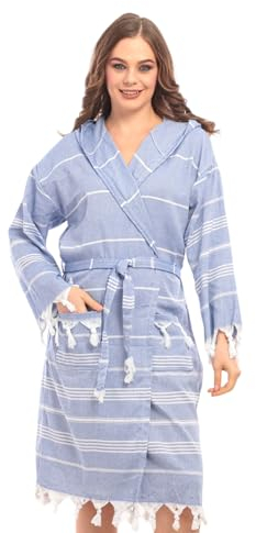 Bademantel Hamamtuch, Saunatuch, für Frauen für ultimativen Luxus, mit Gürtel & Kapuze - Langform Damen (S-M, Blau)