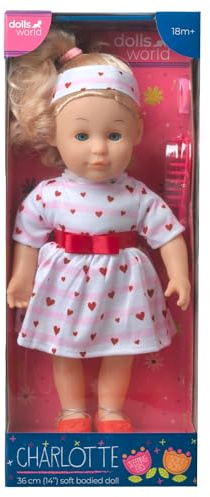 Dolls World von Peterkin, Charlotte Puppe, 36 cm, weicher Körper mit goldenem Haar, Deluxe-Outfit, Schuhen und Haar-Accessoires, Puppen und Accessoires, ab 18 Monaten