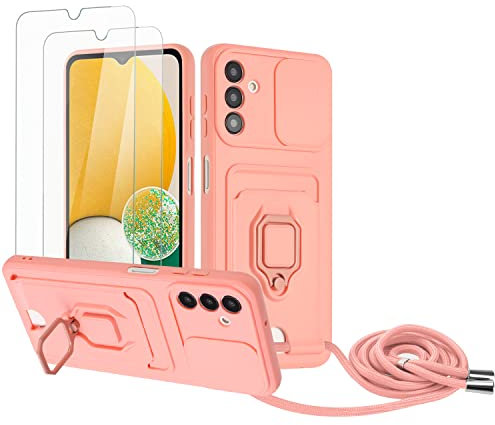 Zallagre Cordon de Coque Compatible avec Samsung Galaxy A15,[2 Pièces] Verre Trempé,Lentille Coulissante Couverture,360 Degrés Bague Rotatif Support,Fentes pour Cartes-Rose