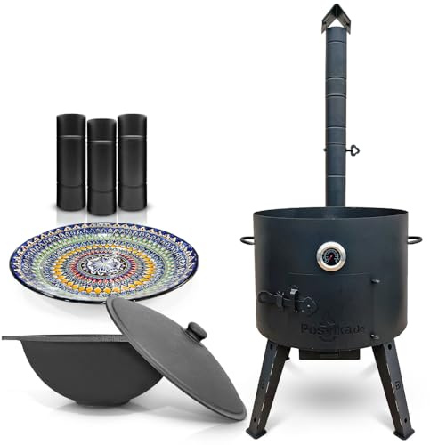 Utschak Feuerofen mit Thermometer Schornsteinverlängerung, Gusseisen Topf flacher Boden mit Deckel (22 L), Lagan KazanoFF, Учаг, Kazan (Set 1)
