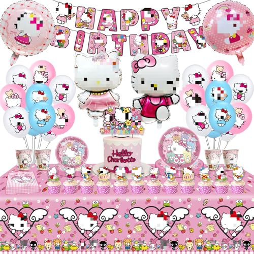 Kitty Party Vaisselle Set, 99PCS Décorations De Fête Sur Thème De Ki-tty, Decoration Anniversaire Kitty, Ensemble De Ballons D'Aluminium, pour Enfants Anniversaire Décoration