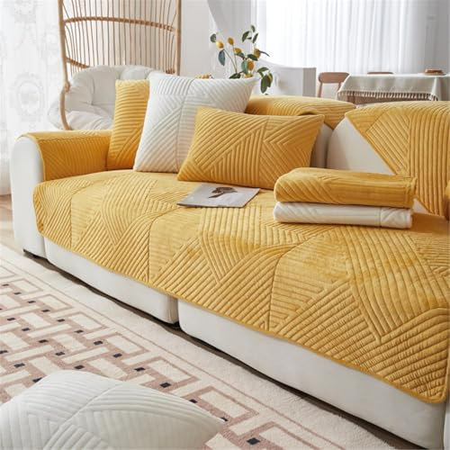 FASCINATDECO Sofa Überzug, Samt Sofabezug 1/2/3/4 Sitzer, Sofaschoner rutschfest, Couch überzug L Form Sofaüberwurfe, Sofa Sitzkissenbezug, Waschbar Couchbezug (Gelb,110x240cm)