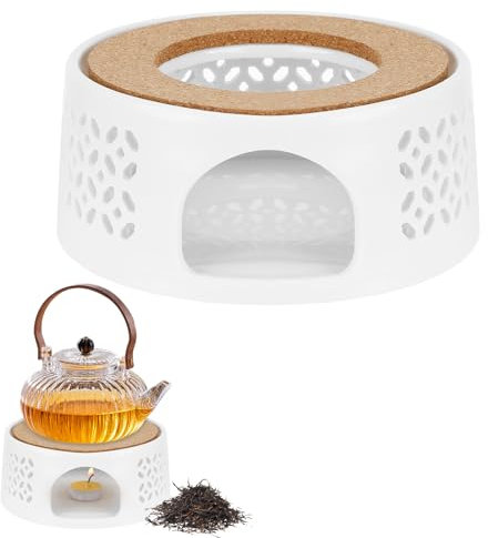 Scalda Teiera in Ceramica, Scalda Tè in Porcellana, Design Scolpito Vuoto, Fornellino per Teiera con Supporto in Sughero, Scalda Teiera per Mantenere Caldi tè e Caffè - Bianco Scaldabagno