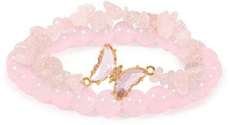 Bafiwu Crystal Bracelets for Women, Rose Quartz Bead Bracelets Set, Butterfly Charms Chakra Bracelet Gifts for Women Girls