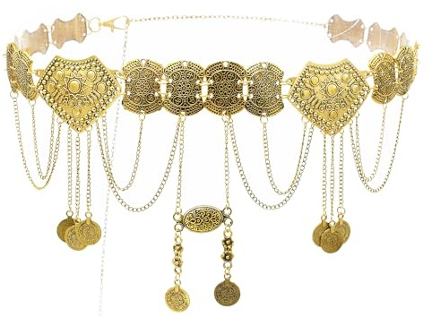 Pandalein Damen Gürtel Mode Taillengürtel Metall Kettengürtel Fransen Bauchtanz Gürtel Münzgürtel Verstellbare Hüftkette Taillenkette für Kleider