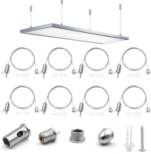 8 Stück Seilaufhängung Einbauset,1.5mmx1m,Edelstahl Decke Ohrstecker Drahtseil,Deckenbefestiger Befestigungs,Decke Ohrstecker Stahlseil wird für die LED Panel Deckenleuchte,Lampenaufhängung