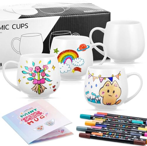 Geiserailie 4 Tazze Fai da te Verniciabili Kit 4 Tazze in Ceramica Vuote per Sublimazione 12 Pennarelli con 24 Colori Regalo Personalizzato Compleanno Anniversario Festa della Mamma Pasqua(Elegante)