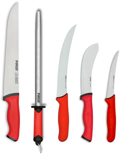 Pirge Metzgermesser Set für Messer Shop - Schlachtermesser Set 5 TLG - 25 cm Metzgeresser - 21 cm Ausbeinmesser - 13 cm Ausbeinmesser - 15 cm Häutungsmesser - 25 cm Wetzstahl
