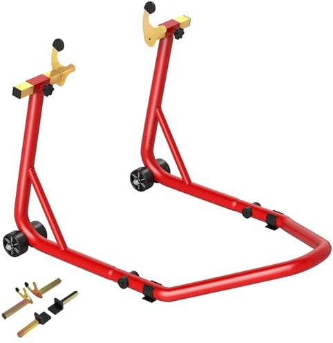 HOMCOM Cavalletto Alzamoto Posteriore Rinforzato con Capacità di 544 kg, Supporto per Moto Regolabile con Forcelle a U e L, Rotelle e Cuscinetti Antiscivolo, per Garage e Officina, Rosso