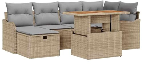 vidaXL Garten-Sofa-Set 7 pcs Beige Poly-Rattan, Garten und Terrasse, Coole modulare Möbel, wetterfestes Lounge-Set, Rattan-Bank, höhenverstellbarer Tisch