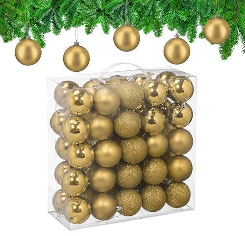 Relaxdays Christmas Baubles, Set of 50, Tree Ornaments, Holiday Decorations, Plastic, Shatterproof, 6 cm, Gold