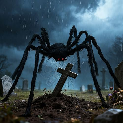 Haarige Spinnen Dekoration Halloween, Groß Gruselige Spinnen Gefälschte Schwarz Haarige, Realistische Riesig Spinne mit Roten Augen Deko für Außen Innen Party, Garten, Spukhäuser (150CM)