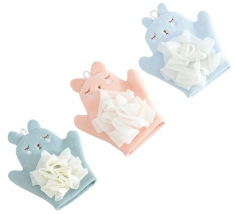 Moufles de Bain Bébé Double Face Dessin Animé Lot de 3 en Fibre