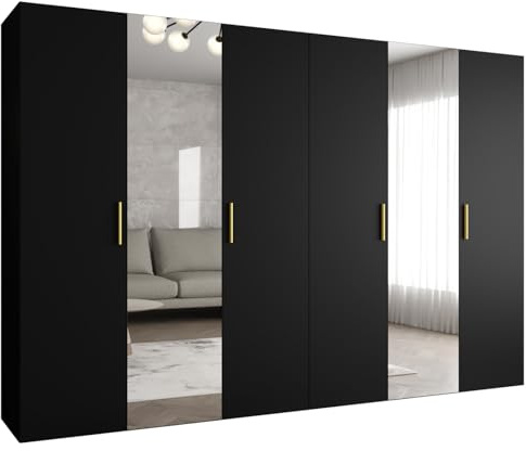 MEBLE KRYSPOL - Kleiderschrank - Garderobenschrank - 300 cm x 202 x 52 cm - Schrank mit Kleiderstange und Spiegel, 6 Türen - für Schlafzimmer, Flur - BARI, Schwarz, Griff Gold