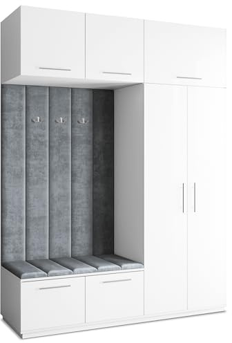 Masseno Flugarderoben Set Rema, Kleiderschrank-Set mit Sitzbank, Garderobenschrank Flur mit 5 Regalböden, Weiß
