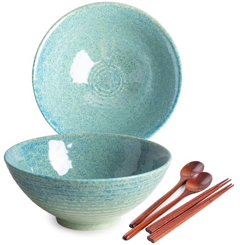 Auanlay 1200ml Ceramic Ramen Bowl Set of 2 Japanese Noodle Bowls with Spoons and Chopsticks, Turquoise