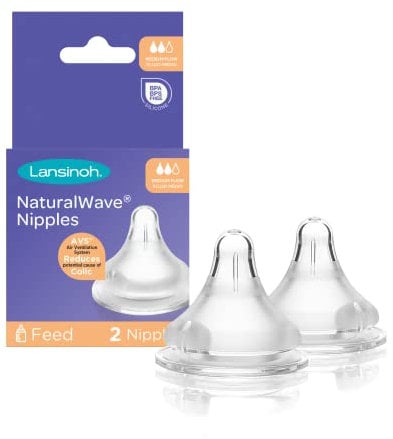 Lansinoh mOmma Nipples Medium-Flow, 2 Count, 100% Silicone, Anti-Colic, BPS and BPA Free, Easy to Clean and Assemble, Microwave and Dishwasher Safe