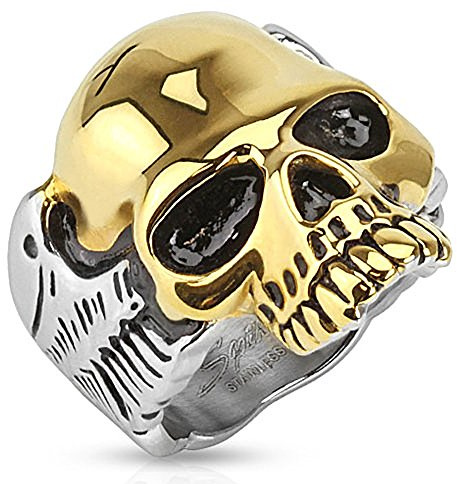 Autiga Totenkopf Ring Herren Edelstahl Flügel Biker Skull Gothic Massiv Zweifarbig Gold Silber Punk Rocker