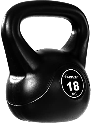 MOVIT Kettlebell BASIC BLACK, Kugelhantel mit Bodenschonender Kunststoffhülle, 1 bis 20 kg, Schadstoffgeprüft, 18 kg