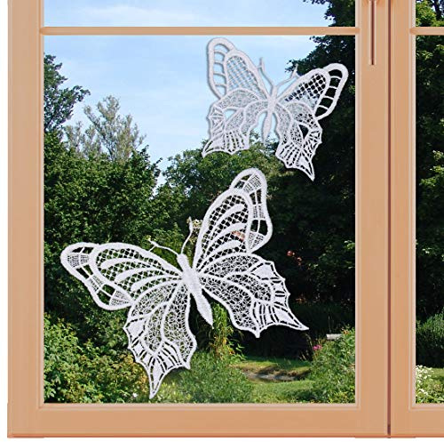 artex deko Set 2 Stück Fensterbilder Schmetterlinge weiß Fensterdekoration mit Saugnapf Plauener Spitze