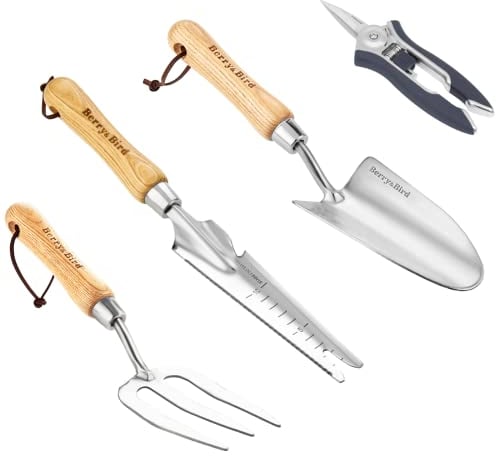 Berry&Bird Gartengeräte Sets, 4 teiliges Hochleistungs Garten Kit mit Handkelle, Unkrautvernichter, Gartenschere und Gabel mit Eschenholzgriff zum Umpflanzen des Grabens