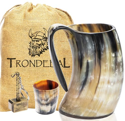 Thor Horn WikingerTrinkhornTasse, 425 590 ml, natürliches OchsenhornTasse und KaffeeStein | cooles, einzigartiges Geschenk für Männer und Frauen, HeimdekorAccessoires | Schnapsgläser für Bier,